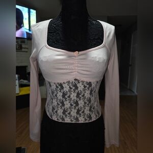 SHEIN Pink Long Sleeve Lace Corset-Style Crop Top